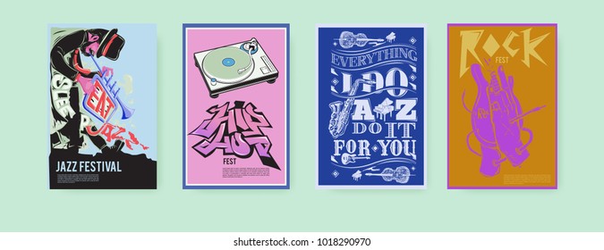 Vector set of music event poster design template. Rock, jazz, blues and hip hop poster design. Eps 10. 