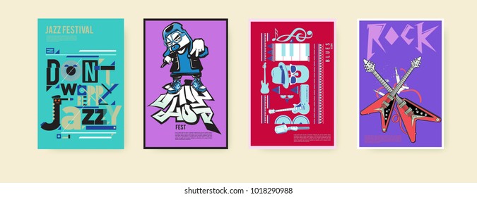 Vector set of music event poster design template. Rock, jazz, blues and hip hop poster design. Eps 10. 