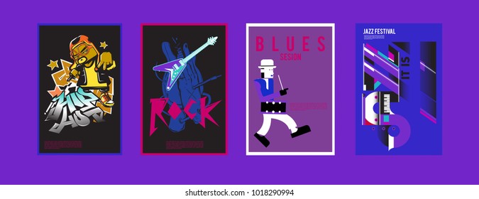 Vector set of music event poster design template. Rock, jazz, blues and hip hop poster design. Eps 10. 