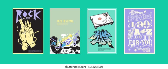 Vector set of music event poster design template. Rock, jazz, blues and hip hop poster design. Eps 10. 