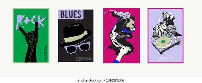 Vector set of music event poster design template. Rock, jazz, blues and hip hop poster design. Eps 10. 