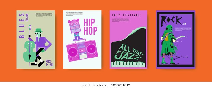 Vector set of music event poster design template. Rock, jazz, blues and hip hop poster design. Eps 10. 
