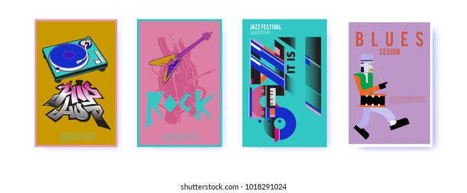 Vector set of music event poster design template. Rock, jazz, blues and hip hop poster design. Eps 10. 