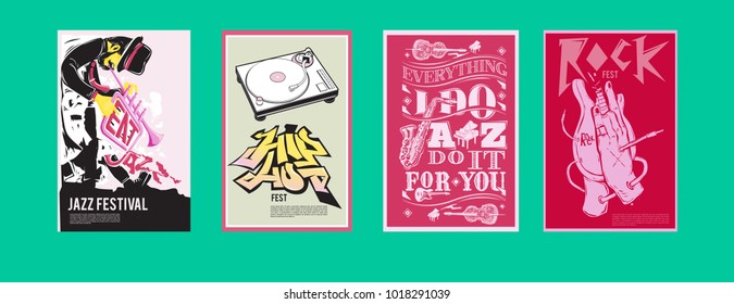 Vector set of music event poster design template. Rock, jazz, blues and hip hop poster design. Eps 10. 