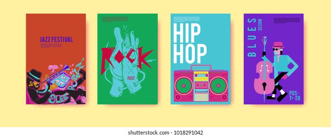 Vector set of music event poster design template. Rock, jazz, blues and hip hop poster design. Eps 10. 