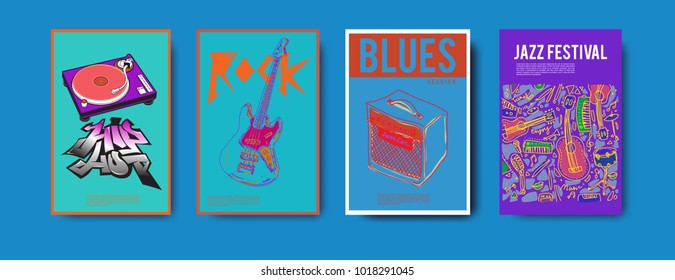 Vector set of music event poster design template. Rock, jazz, blues and hip hop poster design. Eps 10. 