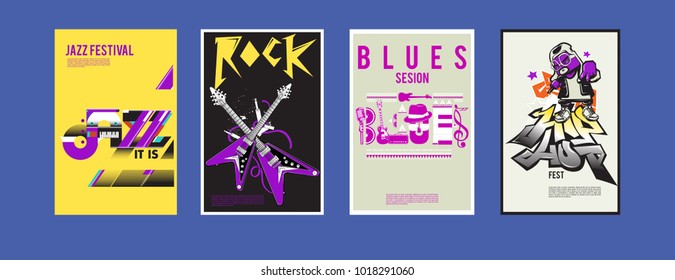 Vector set of music event poster design template. Rock, jazz, blues and hip hop poster design. Eps 10. 