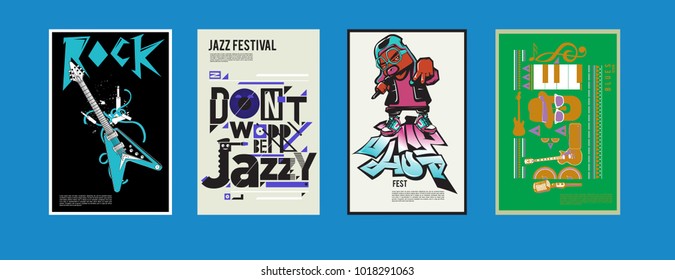 Vector set of music event poster design template. Rock, jazz, blues and hip hop poster design. Eps 10. 