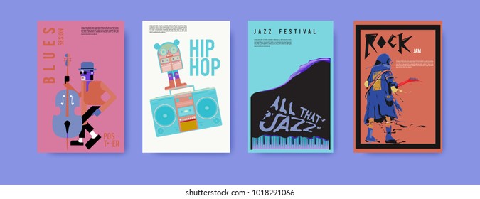 Vector set of music event poster design template. Rock, jazz, blues and hip hop poster design. Eps 10. 