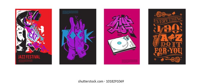 Vector set of music event poster design template. Rock, jazz, blues and hip hop poster design. Eps 10. 