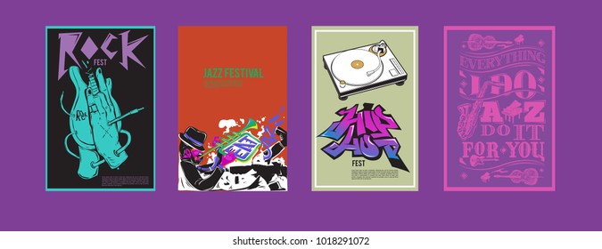 Vector set of music event poster design template. Rock, jazz, blues and hip hop poster design. Eps 10. 