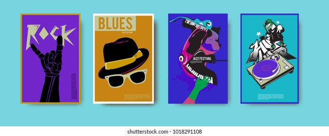 Vector set of music event poster design template. Rock, jazz, blues and hip hop poster design. Eps 10. 