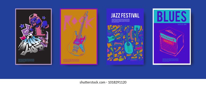 Vector set of music event poster design template. Rock, jazz, blues and hip hop poster design. Eps 10. 
