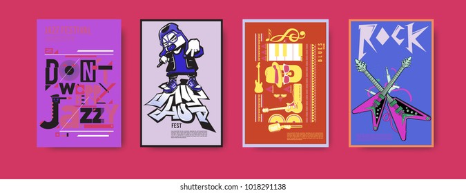 Vector set of music event poster design template. Rock, jazz, blues and hip hop poster design. Eps 10. 