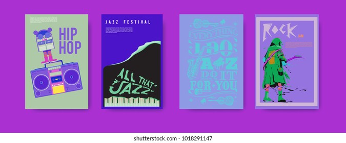 Vector set of music event poster design template. Rock, jazz, blues and hip hop poster design. Eps 10. 