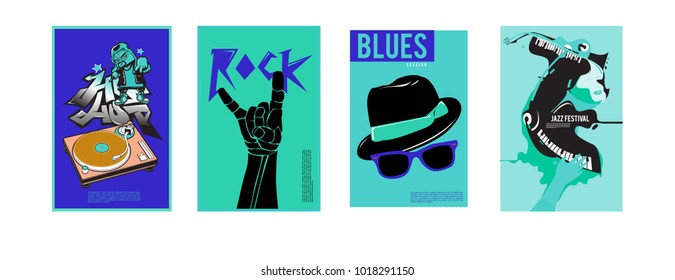 Vector set of music event poster design template. Rock, jazz, blues and hip hop poster design. Eps 10. 