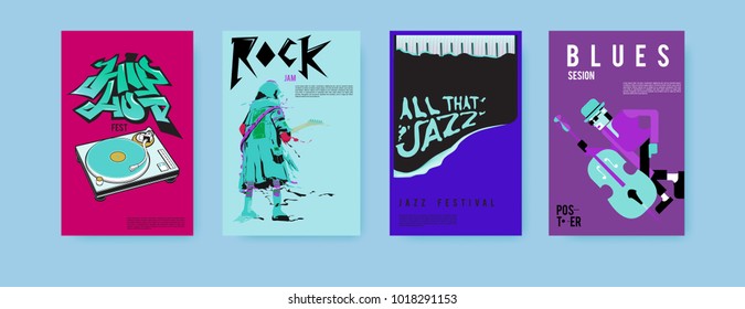 Vector set of music event poster design template. Rock, jazz, blues and hip hop poster design. Eps 10. 