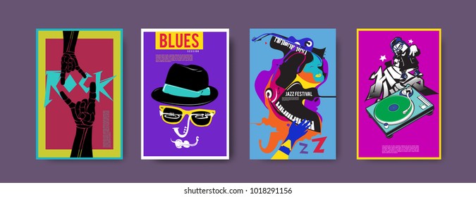 Vector set of music event poster design template. Rock, jazz, blues and hip hop poster design. Eps 10. 