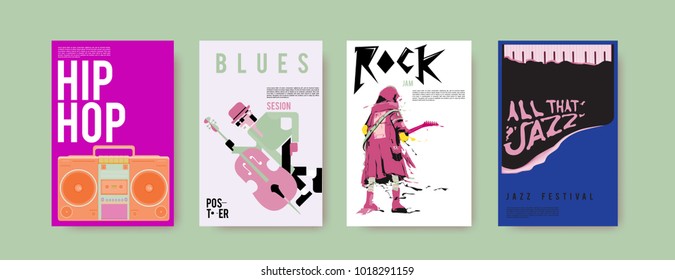Vector set of music event poster design template. Rock, jazz, blues and hip hop poster design. Eps 10. 
