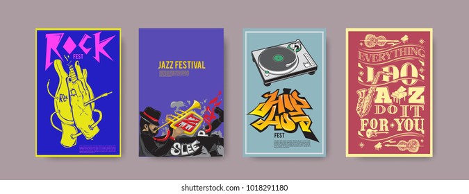 Vector set of music event poster design template. Rock, jazz, blues and hip hop poster design. Eps 10. 