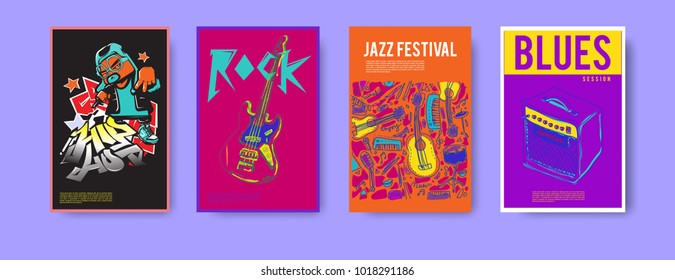 Vector set of music event poster design template. Rock, jazz, blues and hip hop poster design. Eps 10. 