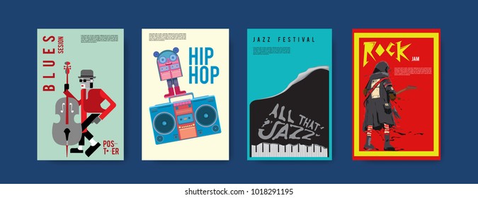 Vector set of music event poster design template. Rock, jazz, blues and hip hop poster design. Eps 10. 