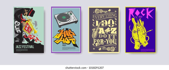 Vector set of music event poster design template. Rock, jazz, blues and hip hop poster design. Eps 10. 