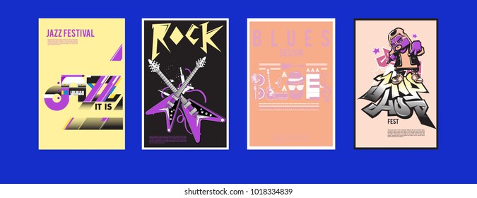 Vector set of music event poster design template. Rock, jazz, blues and hip hop poster design. Eps 10. 