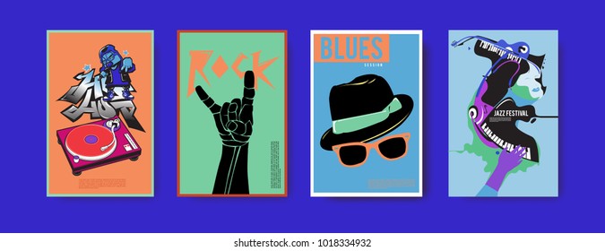 Vector set of music event poster design template. Rock, jazz, blues and hip hop poster design. Eps 10. 