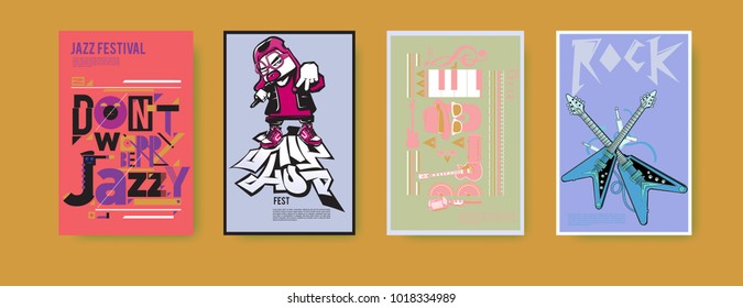 Vector set of music event poster design template. Rock, jazz, blues and hip hop poster design. Eps 10. 