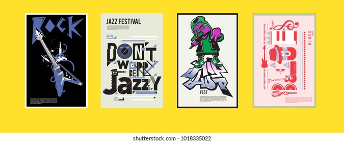 Vector set of music event poster design template. Rock, jazz, blues and hip hop poster design. Eps 10. 