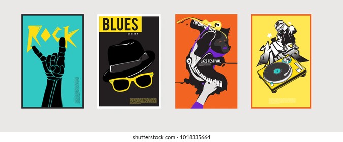 Vector set of music event poster design template. Rock, jazz, blues and hip hop poster design. Eps 10. 