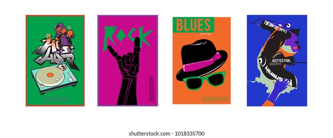 Vector set of music event poster design template. Rock, jazz, blues and hip hop poster design. Eps 10. 