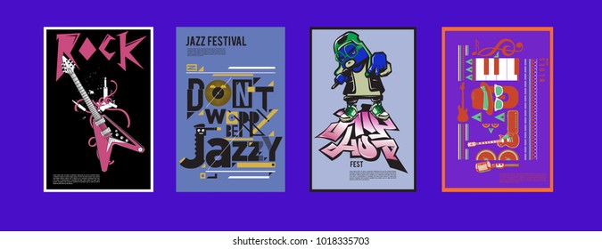Vector set of music event poster design template. Rock, jazz, blues and hip hop poster design. Eps 10. 