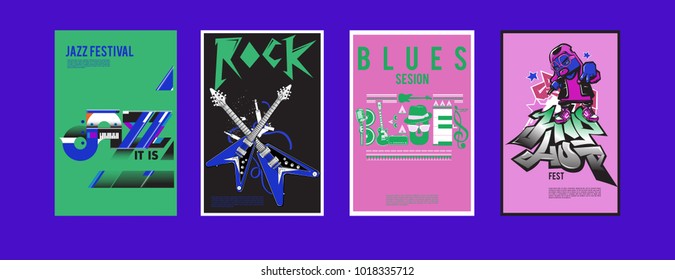 Vector set of music event poster design template. Rock, jazz, blues and hip hop poster design. Eps 10. 