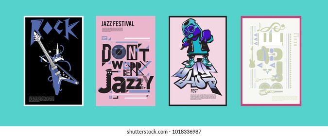 Vector set of music event poster design template. Rock, jazz, blues and hip hop poster design. Eps 10. 