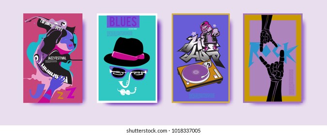 Vector set of music event poster design template. Rock, jazz, blues and hip hop poster design. Eps 10. 
