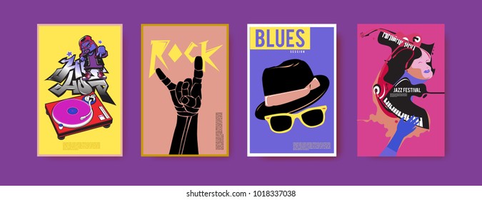 Vector set of music event poster design template. Rock, jazz, blues and hip hop poster design. Eps 10. 