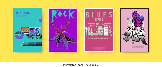 Vector set of music event poster design template. Rock, jazz, blues and hip hop poster design. Eps 10. 