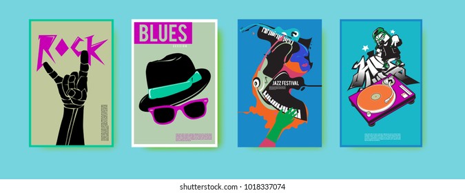 Vector set of music event poster design template. Rock, jazz, blues and hip hop poster design. Eps 10. 