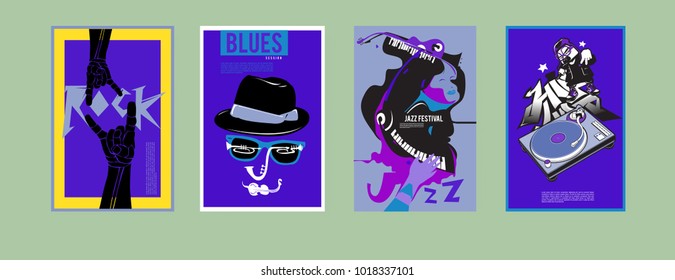 Vector set of music event poster design template. Rock, jazz, blues and hip hop poster design. Eps 10. 
