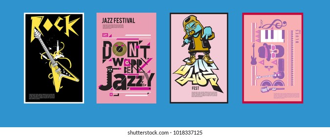 Vector set of music event poster design template. Rock, jazz, blues and hip hop poster design. Eps 10. 