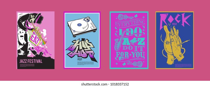 Vector set of music event poster design template. Rock, jazz, blues and hip hop poster design. Eps 10. 