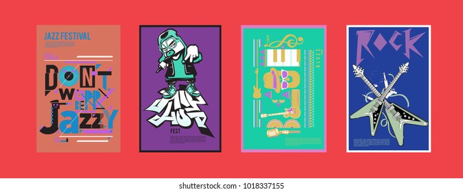 Vector set of music event poster design template. Rock, jazz, blues and hip hop poster design. Eps 10. 