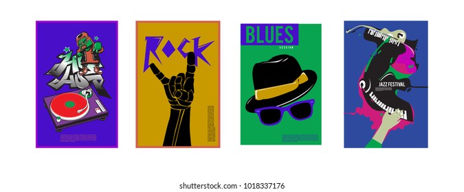 Vector set of music event poster design template. Rock, jazz, blues and hip hop poster design. Eps 10. 