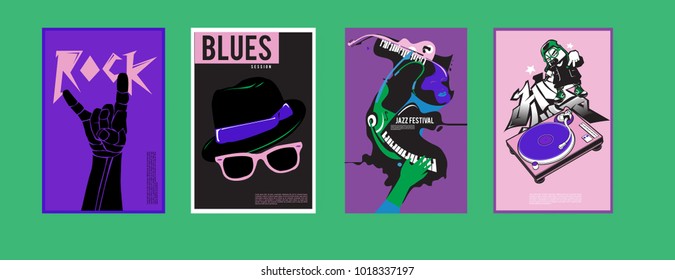 Vector set of music event poster design template. Rock, jazz, blues and hip hop poster design. Eps 10. 