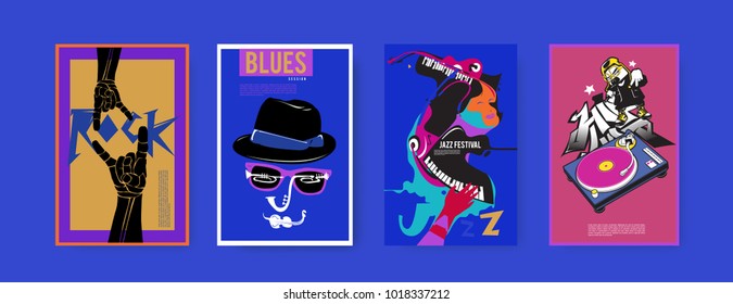 Vector set of music event poster design template. Rock, jazz, blues and hip hop poster design. Eps 10. 