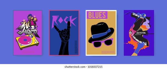 Vector set of music event poster design template. Rock, jazz, blues and hip hop poster design. Eps 10. 