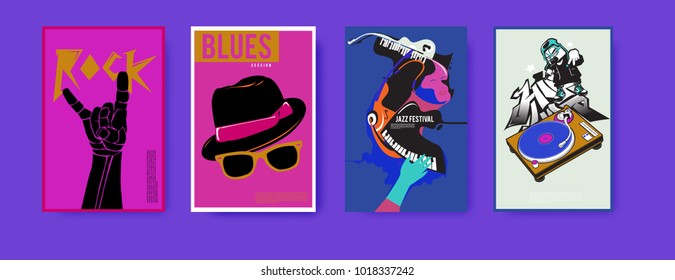 Vector set of music event poster design template. Rock, jazz, blues and hip hop poster design. Eps 10. 