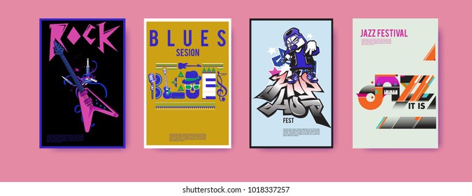 Vector set of music event poster design template. Rock, jazz, blues and hip hop poster design. Eps 10. 